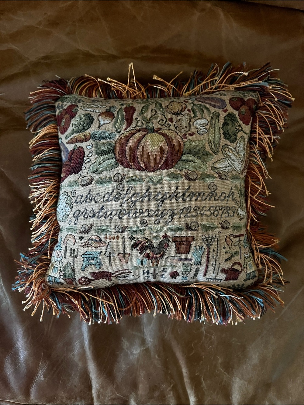Vintage Alphabet Sampler French Tapestry Fall Pumpkin Pillow Border Accent